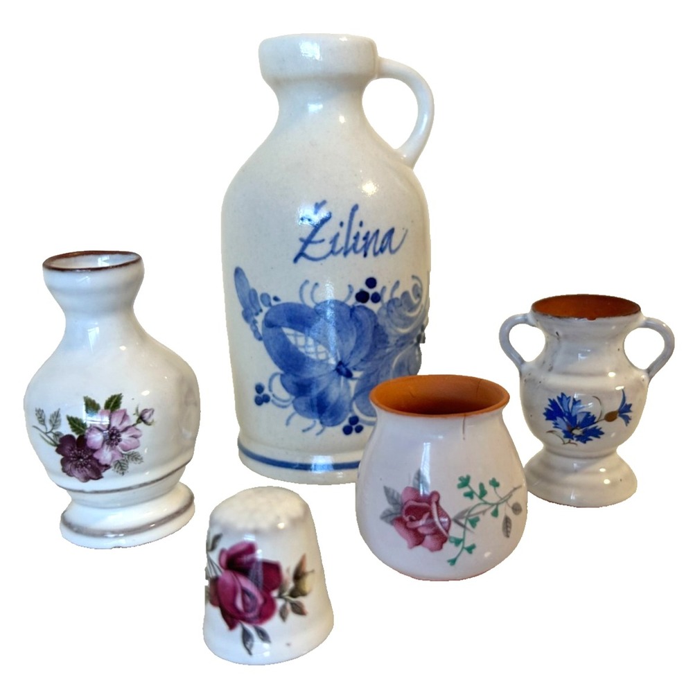 Vintage B&B Miniatures Porcelain Lot 5pc Slovakia Žilina Pitcher Thimble Vase